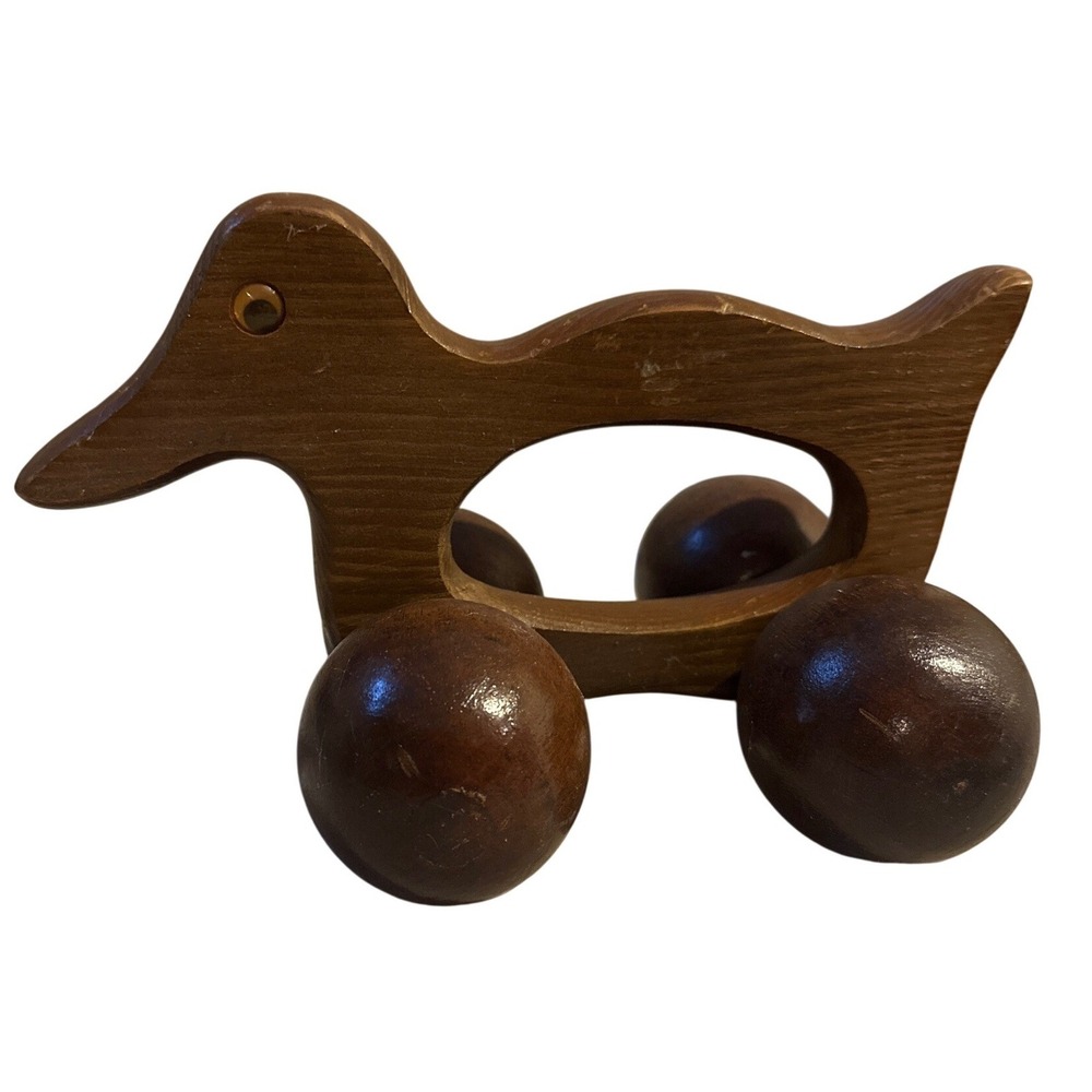 Vintage Wooden Duck Roller Toy Handcrafted Mid Century Folk Art Brown Bird